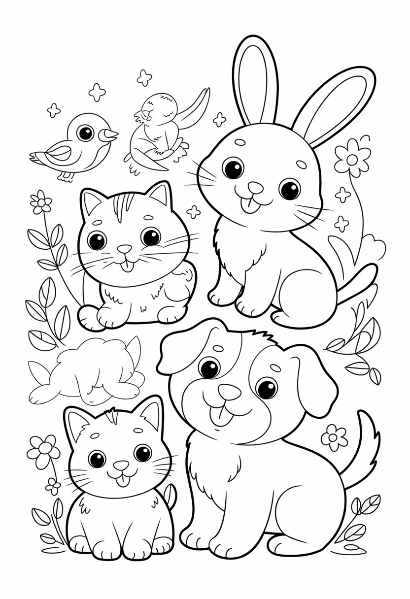 Coloring Pages Cute Ideas for Kids: 21 Engaging Designs to Inspire Creativity 21 A group of cute animals including a bunny, kitten, bird, and puppy surrounded by flowers and leaves.